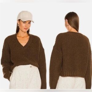 Anine Bing Marlowe Brown Chunky Rib Knit Alpaca Wool V-Neck Cropped Sweater Sz L